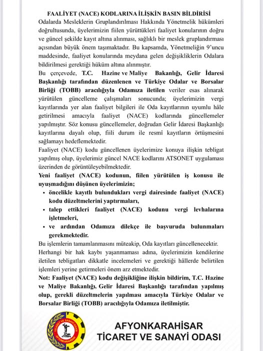 Afyonkarahisar'da Üyelere Faaliyet Kodu Güncellemesi Yapıldı