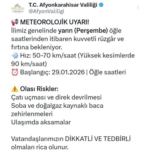 Afyonkarahisar'da Fırtına Uyarısı: Rüzgar Hızı 90 Km/Saate Ulaşacak