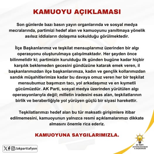 AK Parti Afyonkarahisar'dan Algı Operasyonu Uyarısı