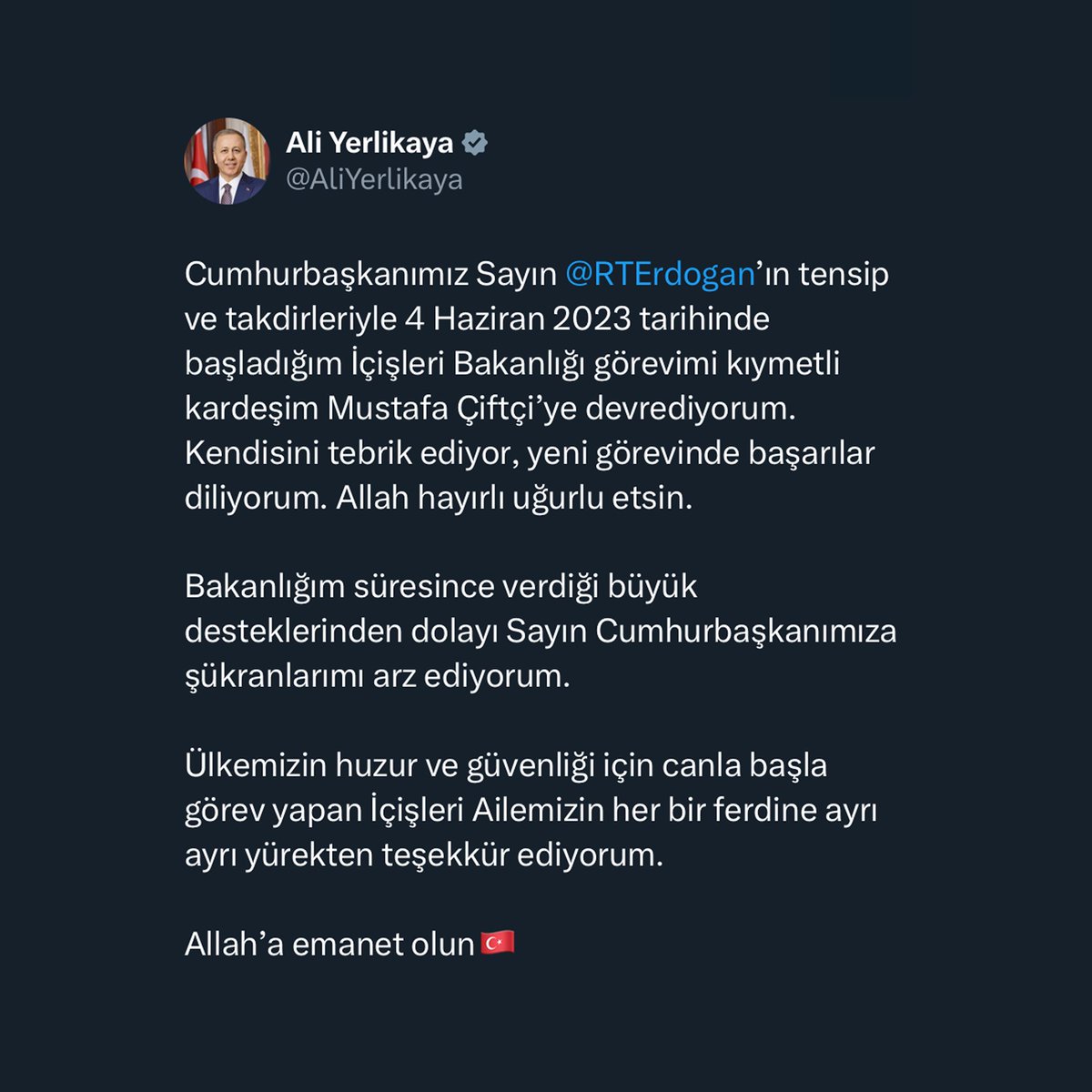 İçişleri Bakanı Ali Yerlikaya'dan Anlamlı Mesaj: "Allah'a Emanet Olun"