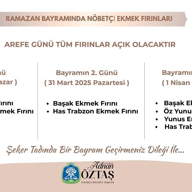 Sandıklı'da Ramazan Bayramı Nöbetçi Fırınları Açıklandı
