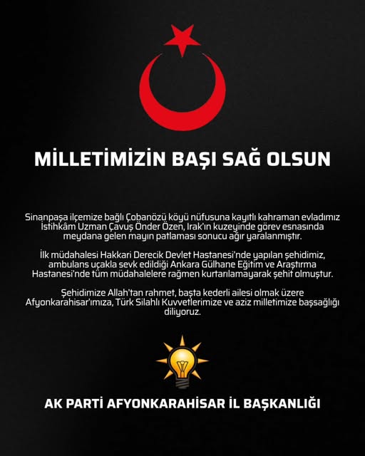 Irak'ın Kuzeyinde Mayın Patlaması: İstihkâm Uzman Çavuş Şehit Oldu