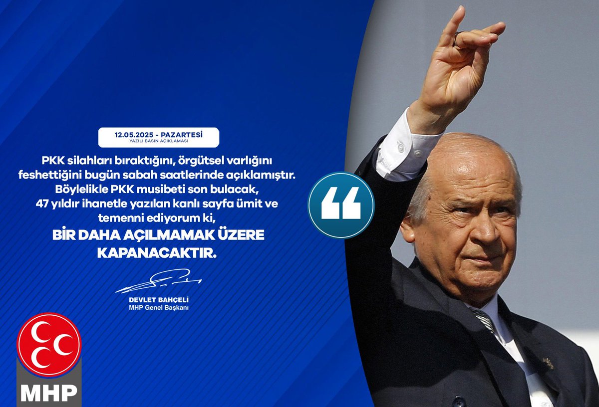 MHP Lideri Bahçeli, PKK'nın Silahları Bıraktığını ve Örgütlenmeyi Feshettiğini Açıkladı