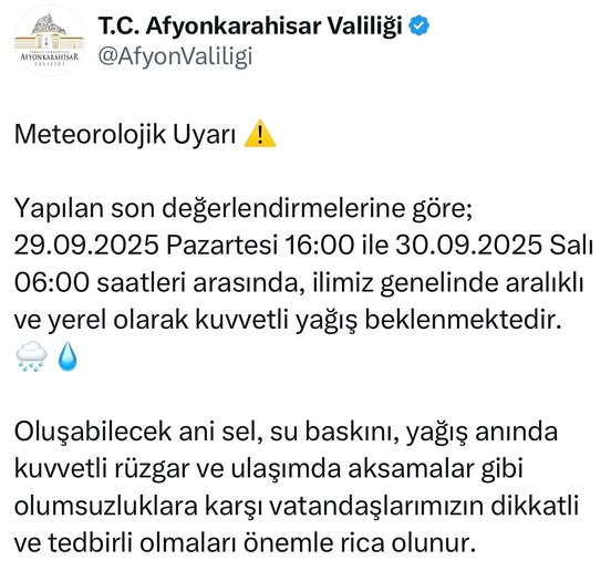 Afyonkarahisar'da Kuvvetli Yağış Uyarısı: Ani Sel ve Su Baskını Riski