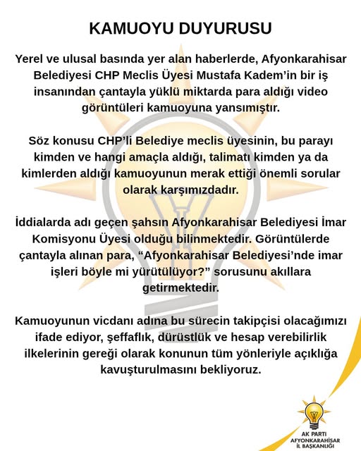 Afyonkarahisar'da CHP'li Meclis Üyesi Para Görüntüleriyle İlgili AK Parti'den Kamuoyu Duyurusu